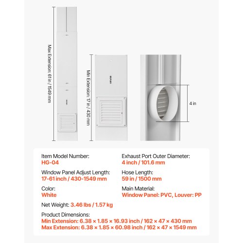 Torktumlare Ventilationsfönster Kit Passar 101,6 mm slang Justerbar för skjutbara fönster