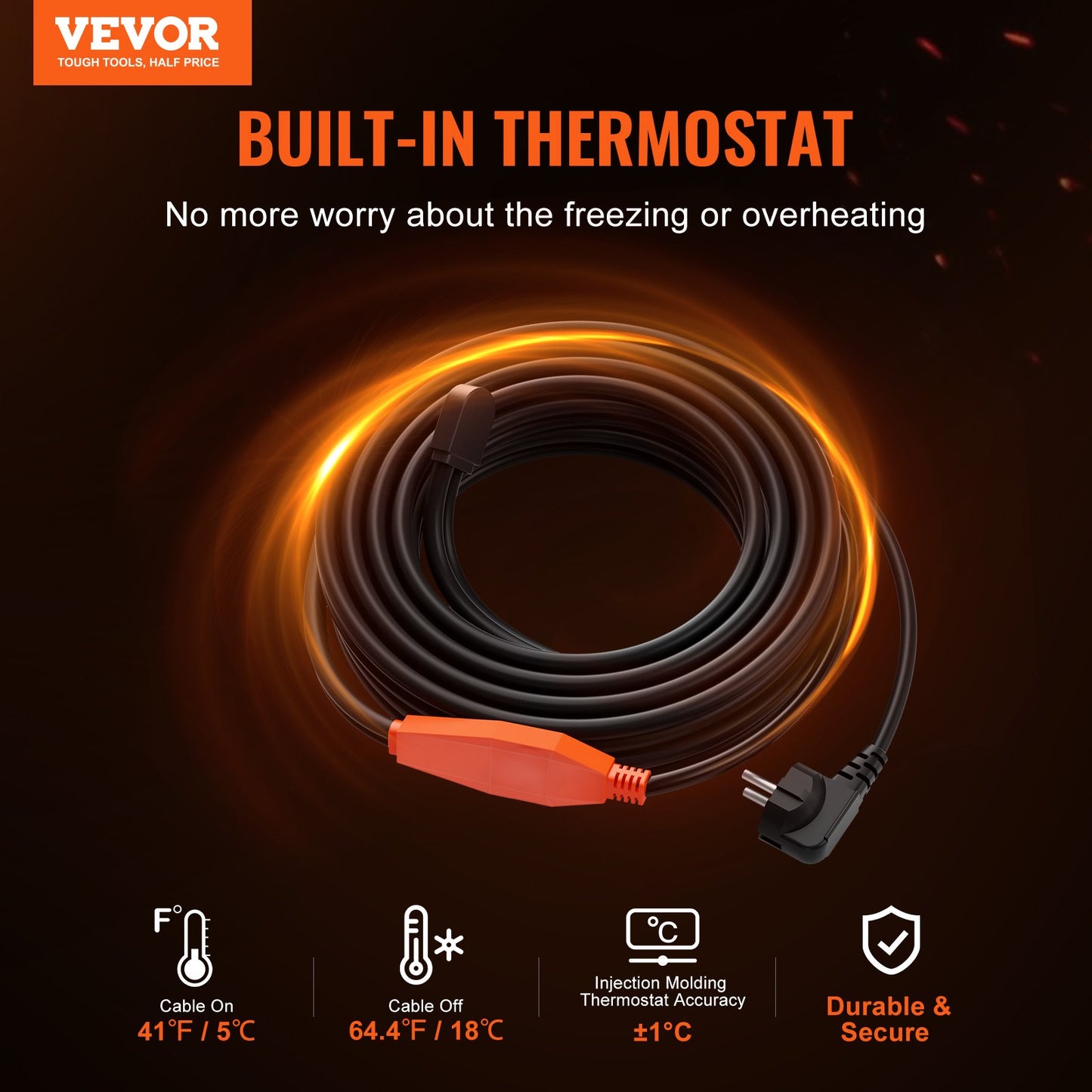 Pipe heating cable 18m 23W/m heating tape for pipes with built-in thermostat
