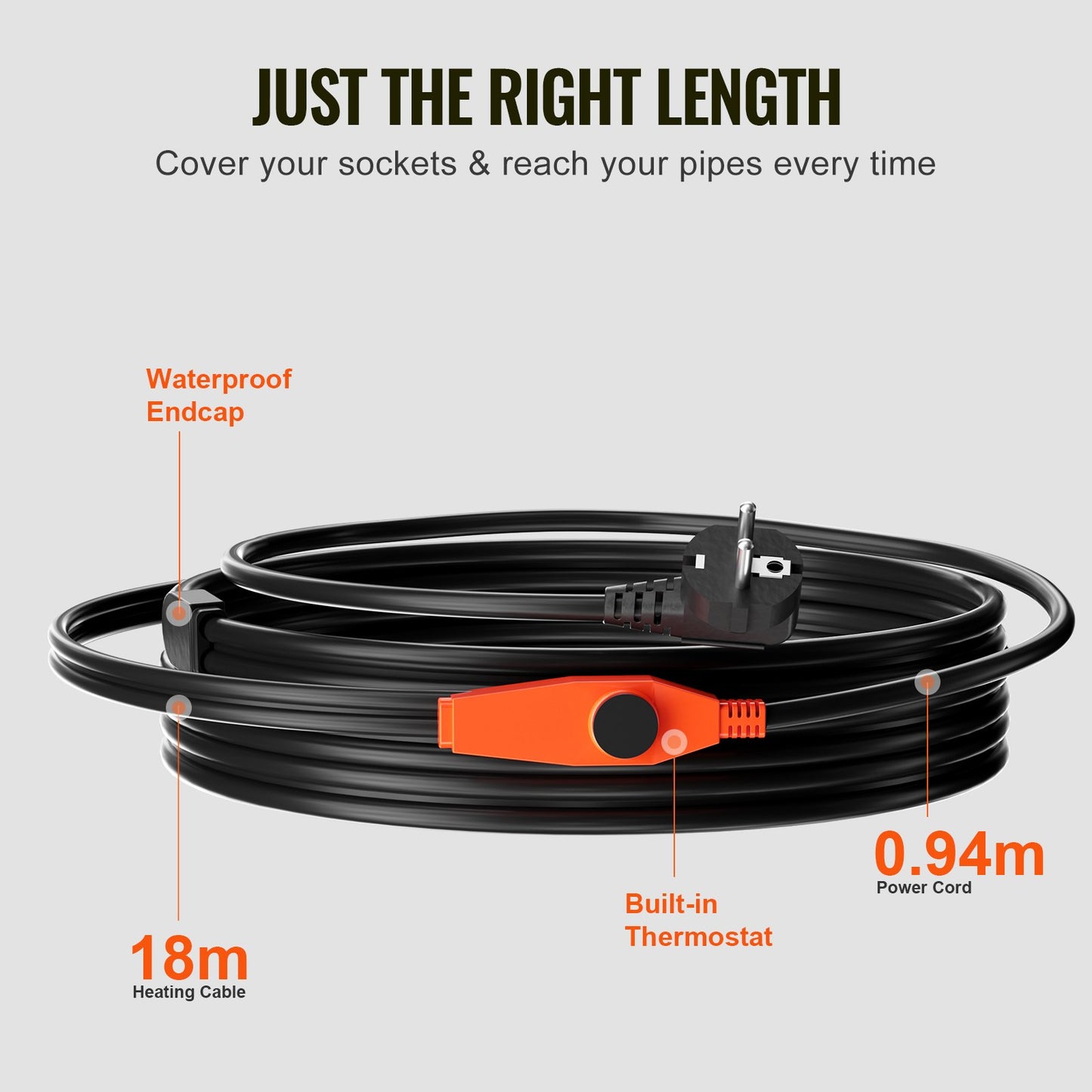 Pipe heating cable 18m 23W/m heating tape for pipes with built-in thermostat