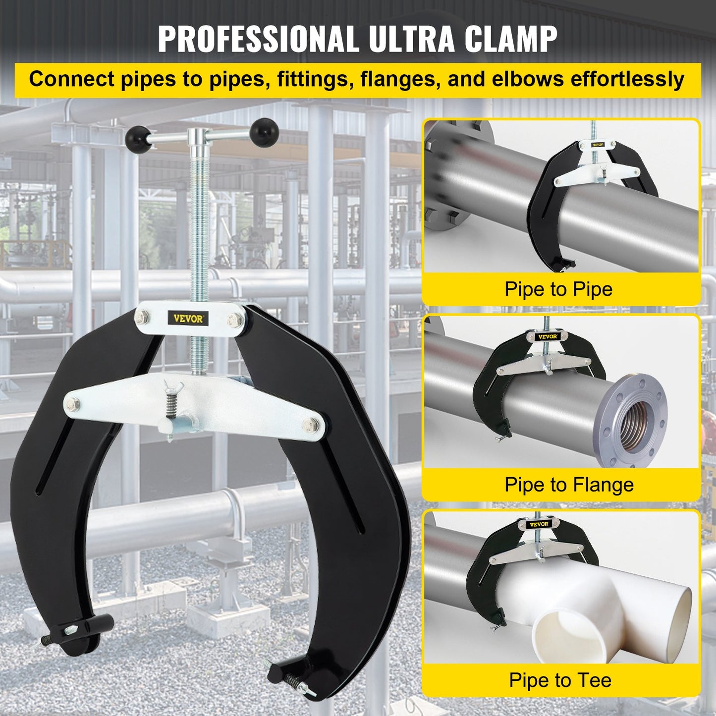 Ultra Clamp, 5 to 12 in diameter, high-strength pipe clamp with quick-acting screws, steel pipe alignment tool with lightweight design, black