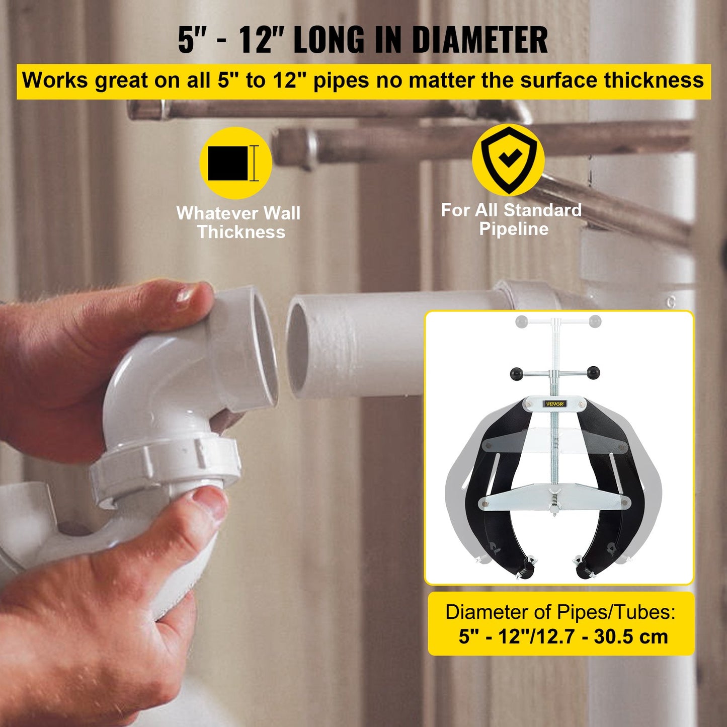 Ultra Clamp, 5 to 12 in diameter, high-strength pipe clamp with quick-acting screws, steel pipe alignment tool with lightweight design, black