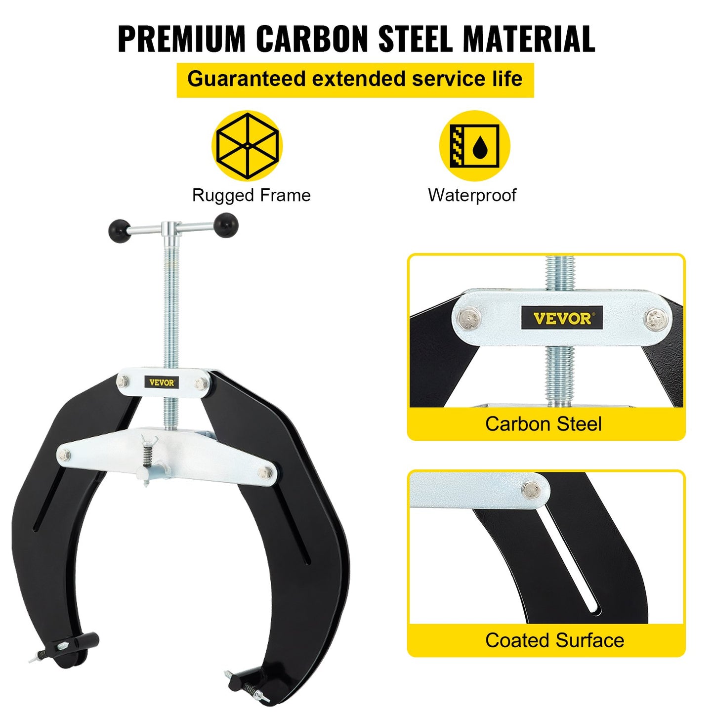 Ultra Clamp, 5 to 12 in diameter, high-strength pipe clamp with quick-acting screws, steel pipe alignment tool with lightweight design, black
