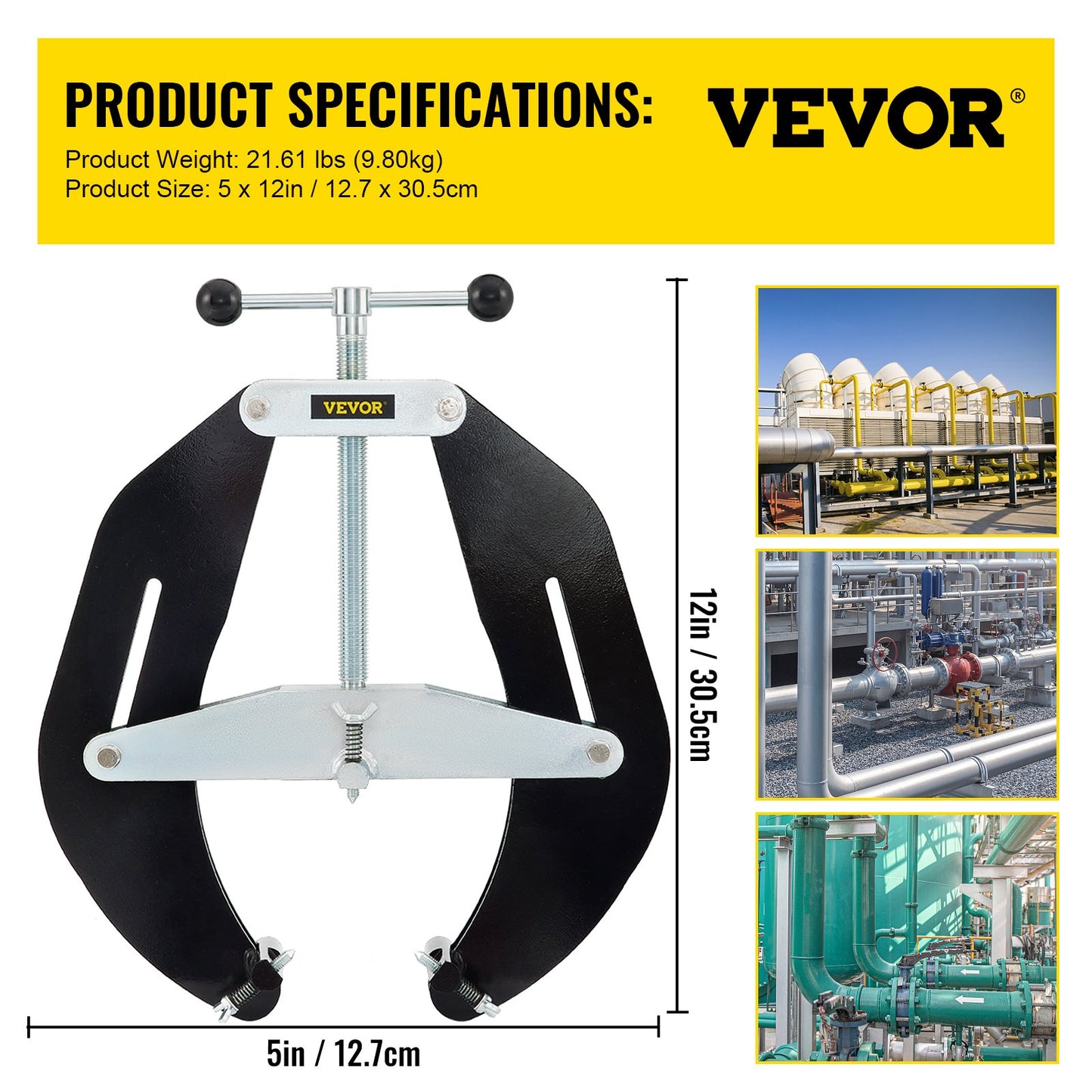 Ultra Clamp, 5 to 12 in diameter, high-strength pipe clamp with quick-acting screws, steel pipe alignment tool with lightweight design, black