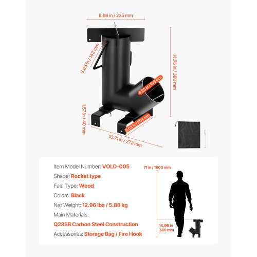 Camping Raketkök, Vedeldad Bärbar Raketkök med Bärväska för Backpacking, Kolstål, Bränn Ved, Kvistar eller Pinnar för Utomhusmatlagning, Bakgård, Campingmatlagning, Uppvärmning, Svart | EU