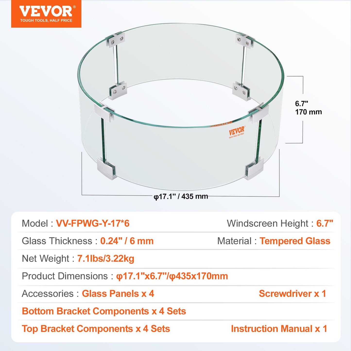 Fire Pit Wind Guard, 435 x 170 mm runt glasflamskydd, 6 mm tjockt brandbordstillbehör, klart härdat glas flamskydd för propan, gas, utomhus, uteplats, bakgård