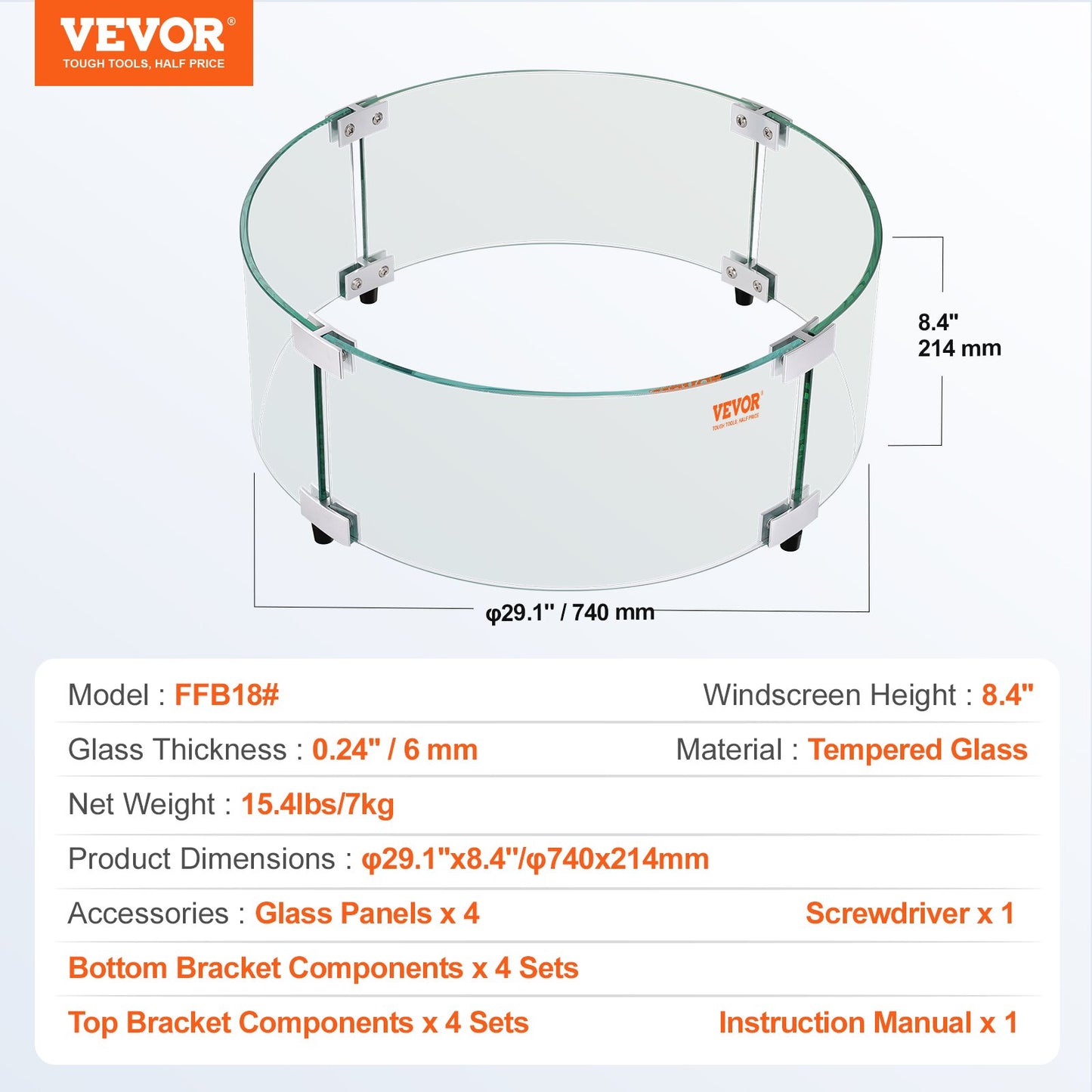 Fire Pit Wind Guard, 740 x 214 mm runt flamskydd av glas, 6 mm tjockt brandbordstillbehör, flamskydd av klart härdat glas för propan, gas, utomhus, uteplats, bakgård