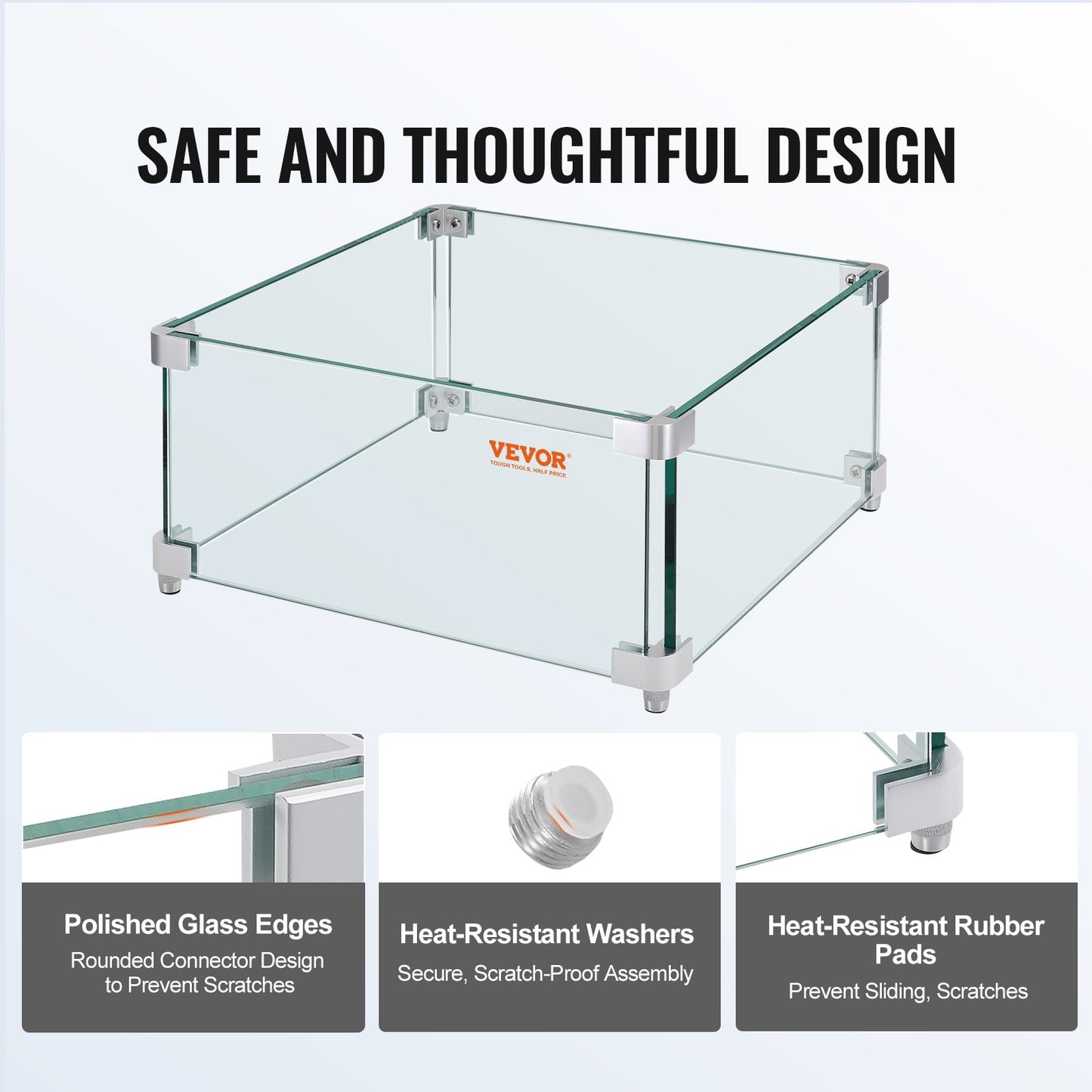 Gas Fire Pit Windshield for Square Fire Table, 380 x 380 x 180 mm Clear tempered windshield for fireplaces, 8 mm thick square glass shield, glass panel with hard corner bracket and feet