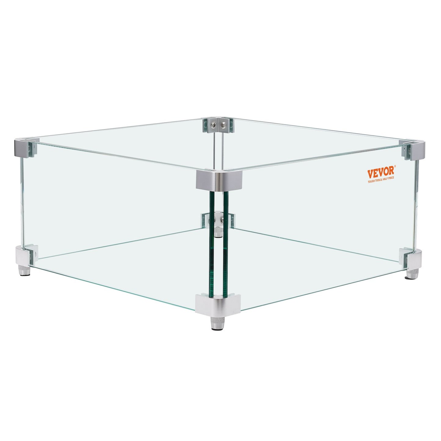 Gas Fire Pit Windshield for Square Fire Table, 380 x 380 x 180 mm Clear tempered windshield for fireplaces, 8 mm thick square glass shield, glass panel with hard corner bracket and feet