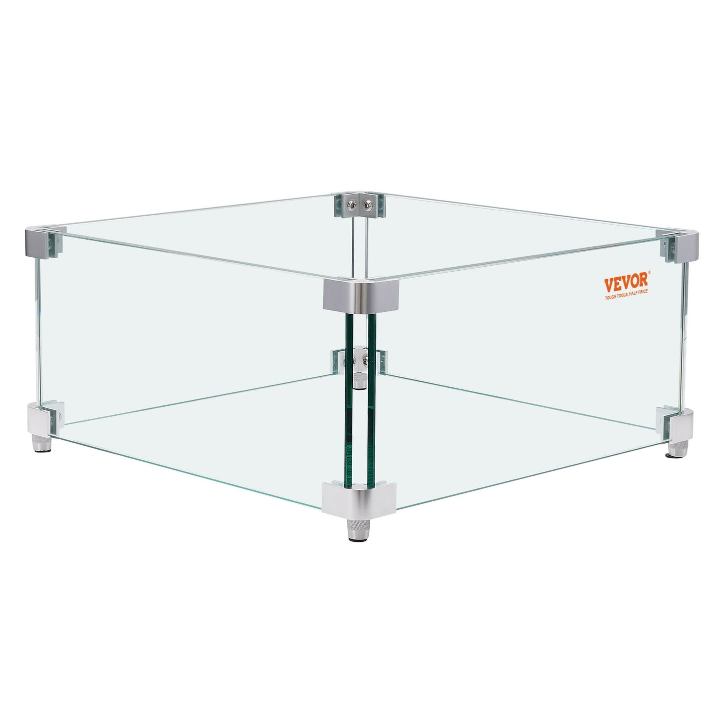 Gas Fire Pit Windshield for Square Fire Table, 380 x 380 x 180 mm Clear tempered windshield for fireplaces, 8 mm thick square glass shield, glass panel with hard corner bracket and feet