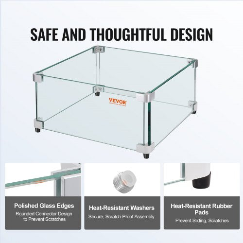 Gas Fire Pit Vindskydd för fyrkantigt brandbord, 493 x 493 x 191 mm Klart härdat vindskydd för eldstäder, 8 mm tjock fyrkantig glassköld, glaspanel med hårda hörnfäste och fötter | EU