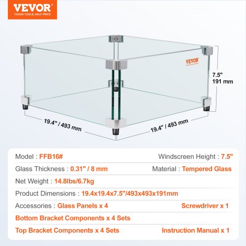 Gas Fire Pit Vindskydd för fyrkantigt brandbord, 493 x 493 x 191 mm Klart härdat vindskydd för eldstäder, 8 mm tjock fyrkantig glassköld, glaspanel med hårda hörnfäste och fötter | EU