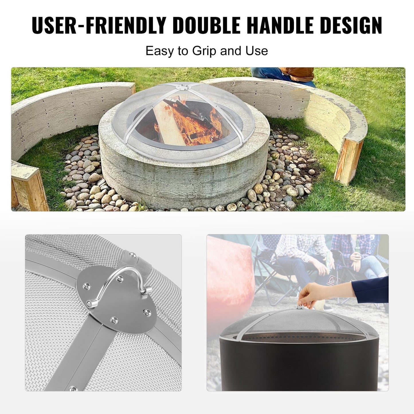 Fire Pit Spark Screen Round 40", förstärkt metallskydd i kraftigt stål, lock för utomhuseldstad, lättöppningsbara toppskärmskydd runda med ringhandtag för utomhusterrass med eldstäder bakgård