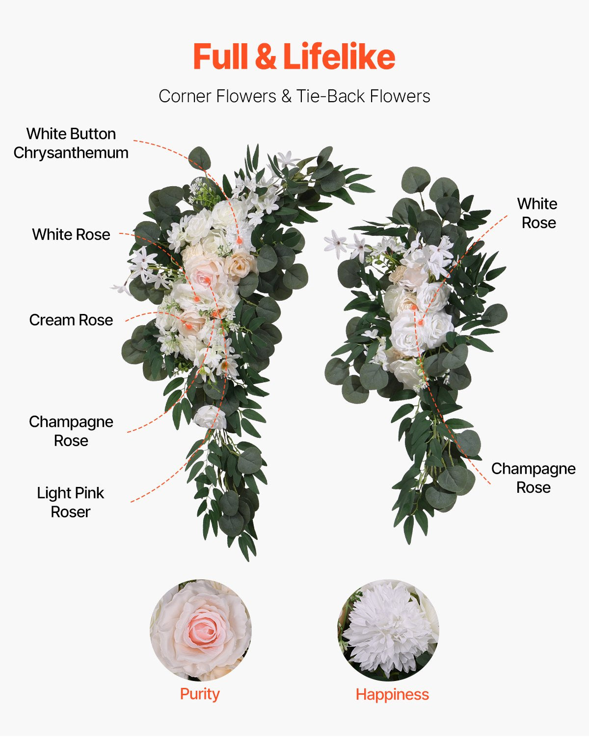 Artificial Wedding Arch Flowers Kit White With 2 Pcs Flowers 2 Pcs Drapes