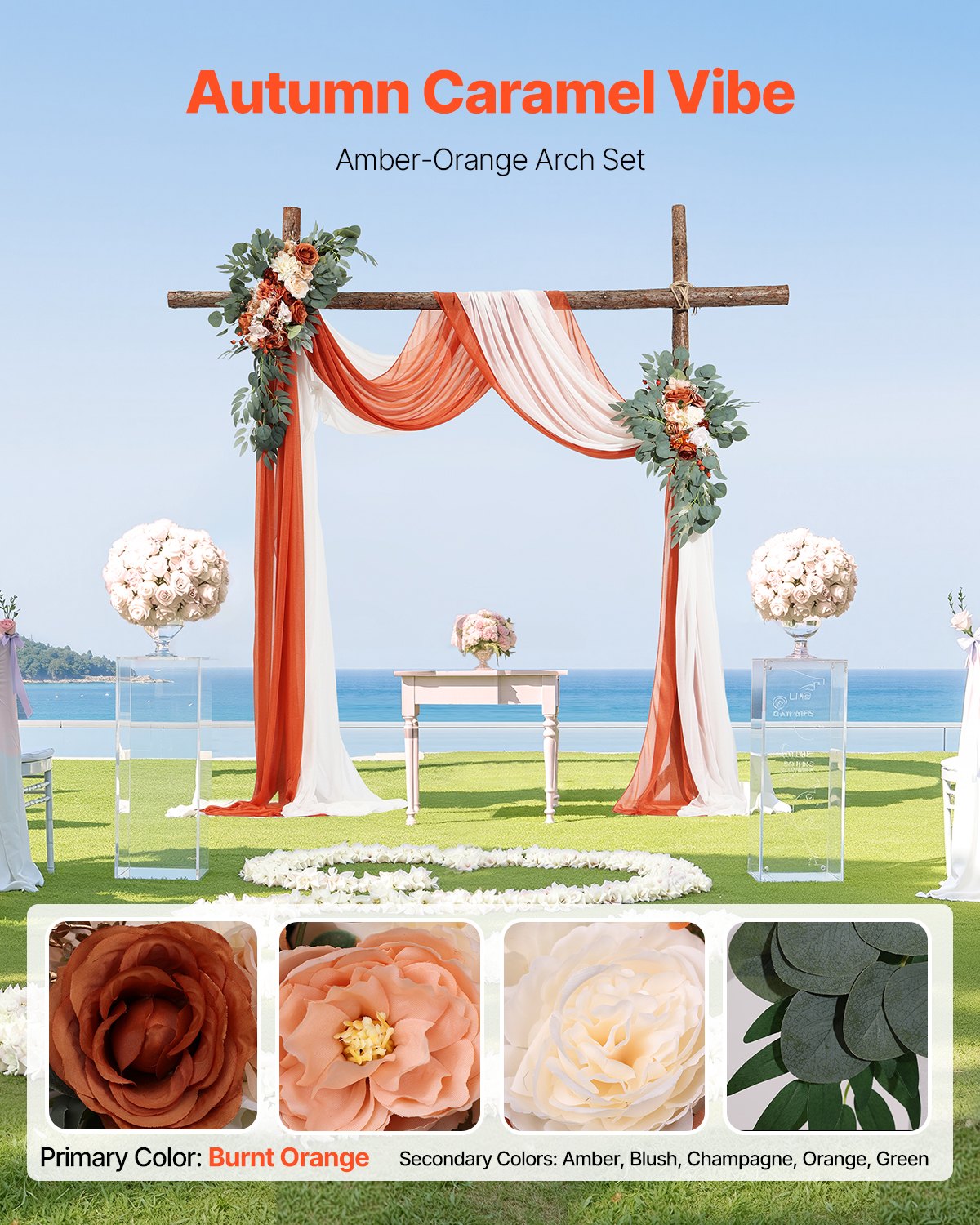 Artificial Wedding Arch Flowers Kit Orange With 2 Pcs Flowers 2 Pcs Drapes