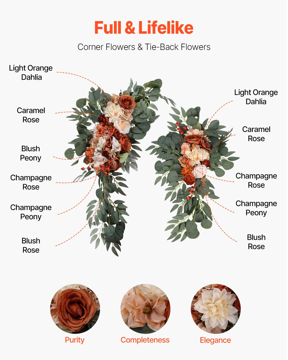 Artificial Wedding Arch Flowers Kit Orange With 2 Pcs Flowers 2 Pcs Drapes