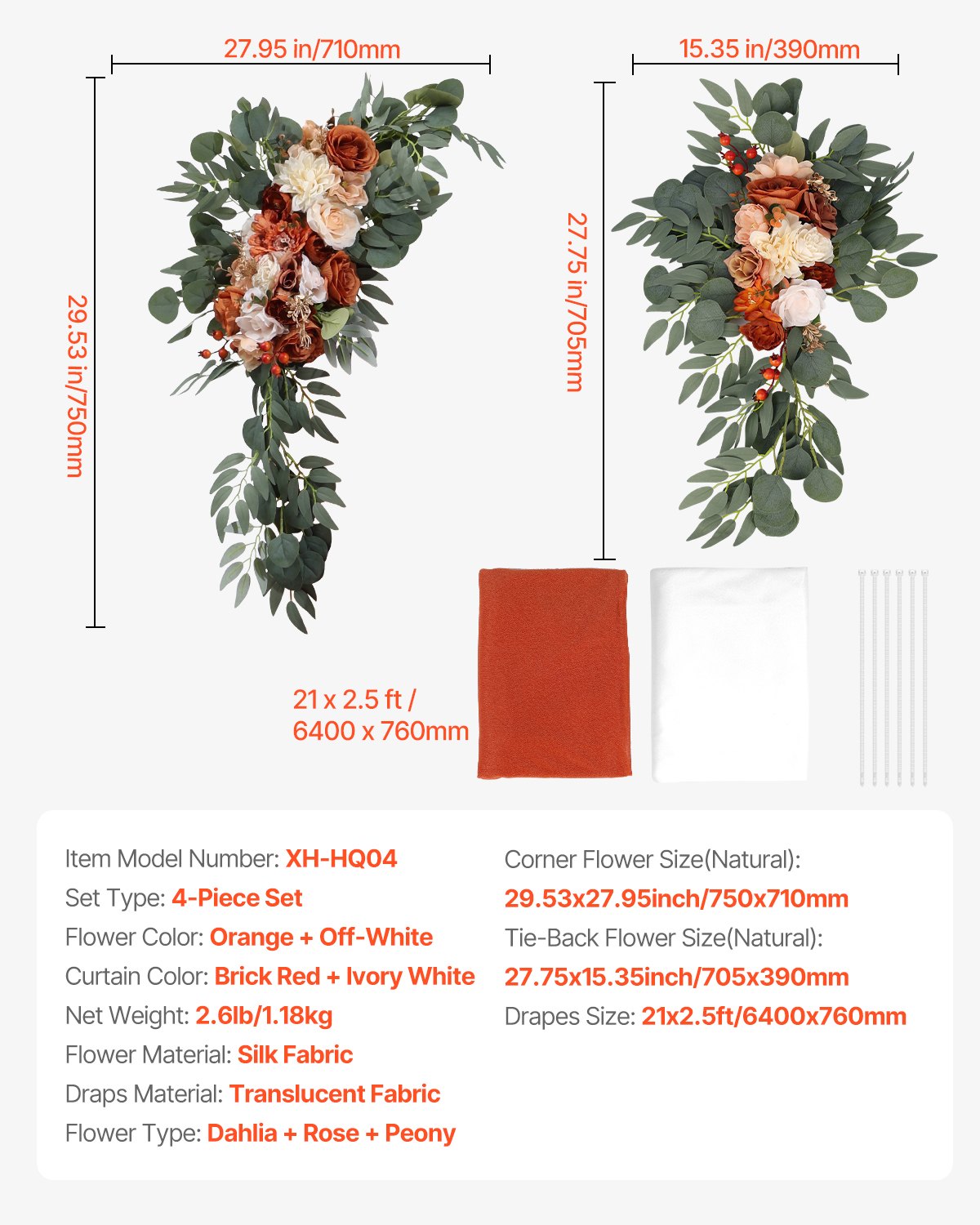 Artificial Wedding Arch Flowers Kit Orange With 2 Pcs Flowers 2 Pcs Drapes