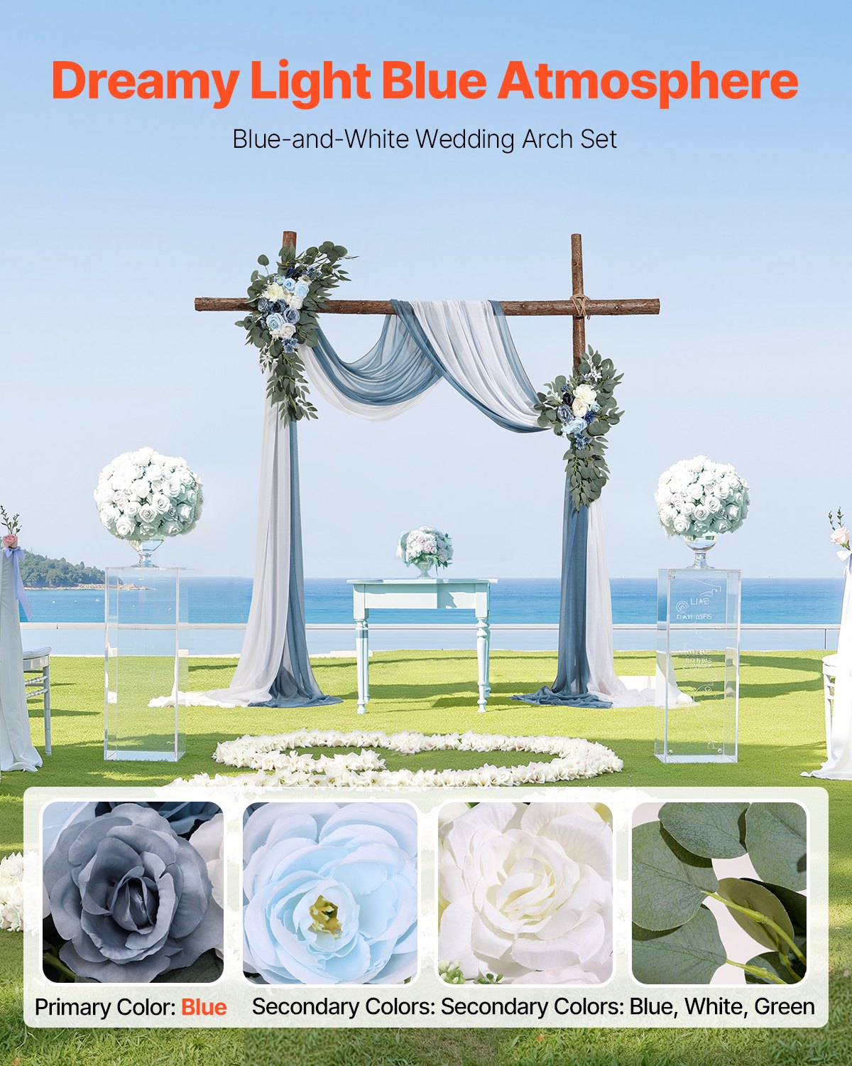 Artificial Wedding Arch Flowers Kit Blue With 2 Pcs Flowers 2 Pcs Drapes