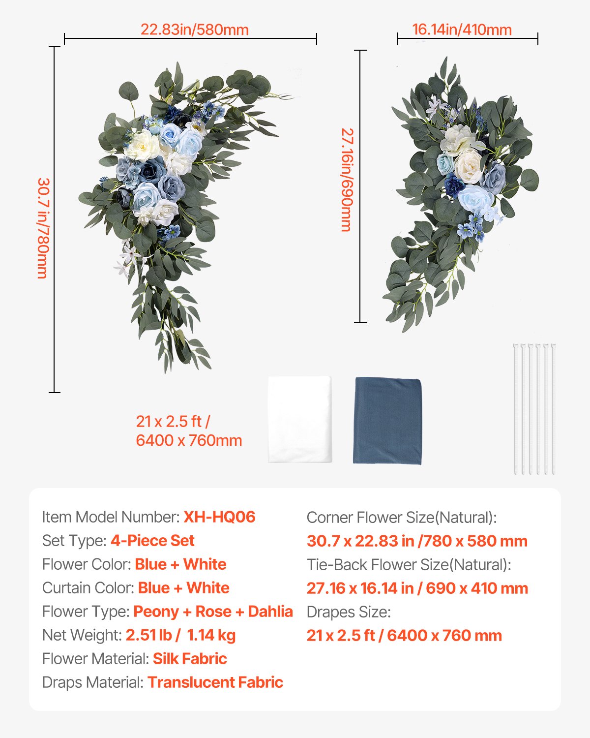 Artificial Wedding Arch Flowers Kit Blue With 2 Pcs Flowers 2 Pcs Drapes