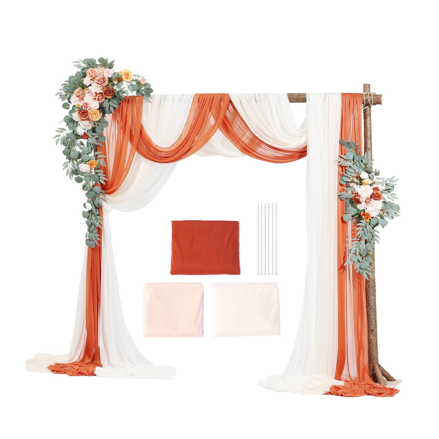 Artificial Wedding Arch Flowers Kit Orange With 2 Pcs Flowers 3 Pcs Drapes