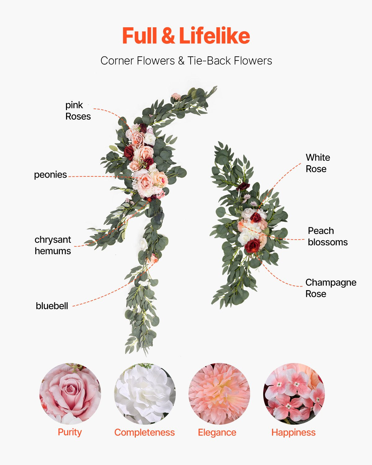 Artificial Wedding Arch Flowers Kit Pink With 2pcs Flowers 3pcs Drapes