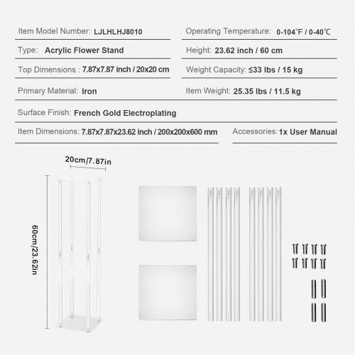 10PCS 23.6 inch/60 cm tall wedding flower stand, with acrylic laminate, acrylic vase pillar geometric centerpiece stand, floral display stand for event reception on T-stage, party decoration home | EU