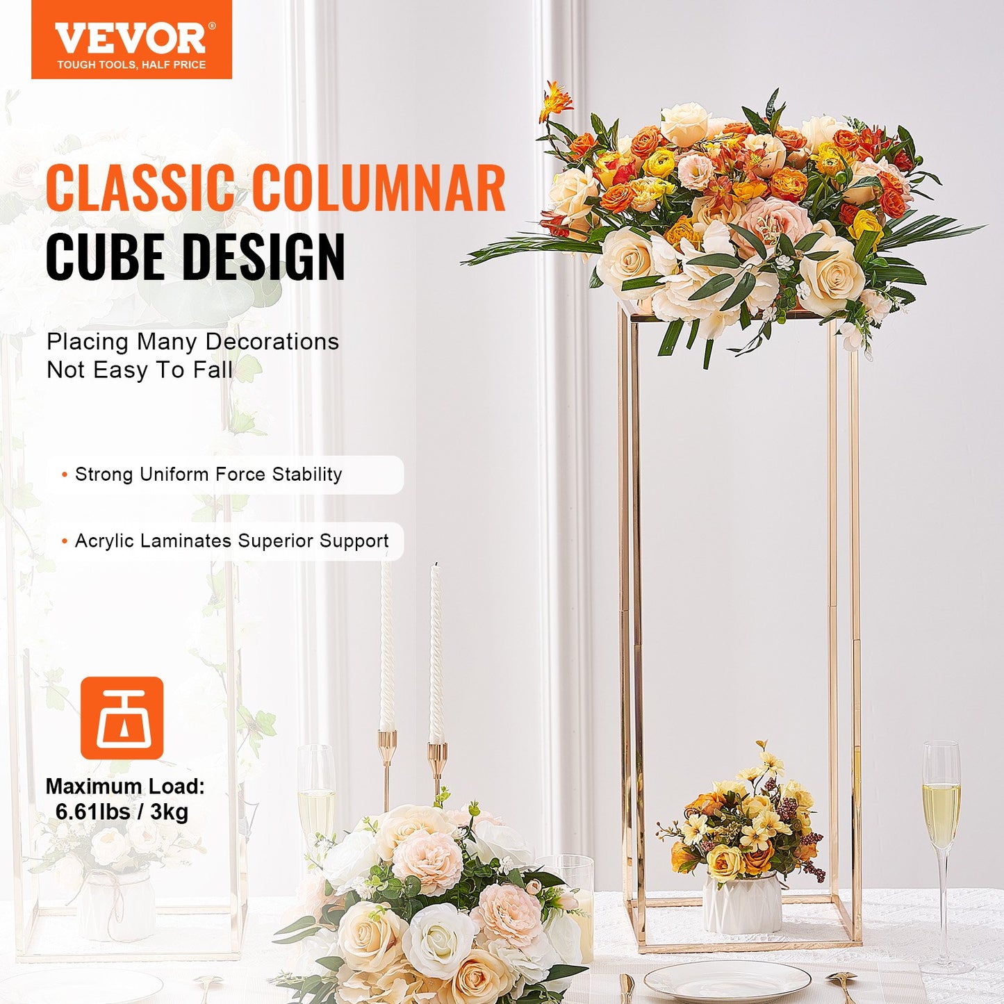 10 Stück 80 cm hoher Blumenständer für Hochzeiten, mit Acryllaminat, geometrischer Mittelstückständer aus Metall mit Vasensäule, rechteckiger Blumenständer in Gold für Veranstaltungsempfänge, Partydekoration