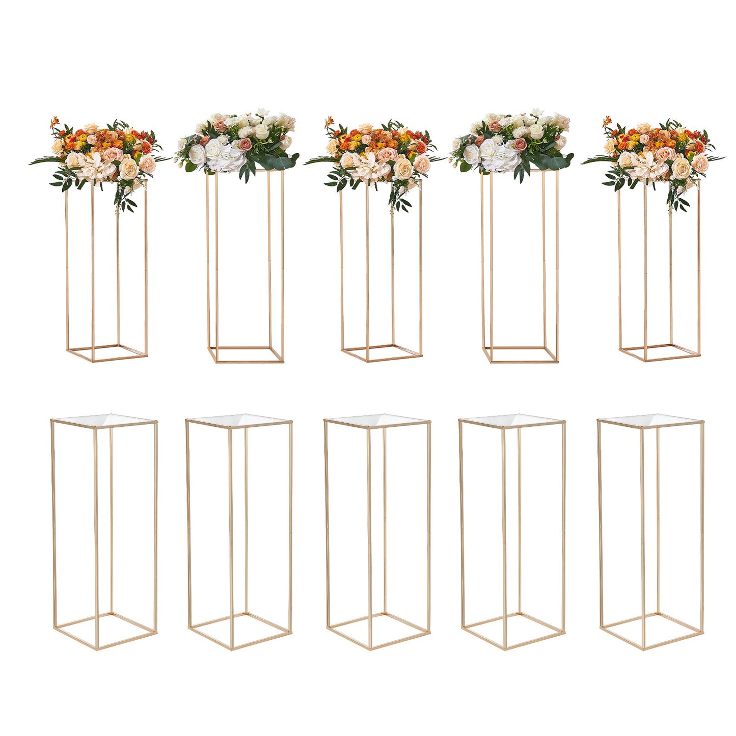 10 Stück 80 cm hoher Blumenständer für Hochzeiten, mit Acryllaminat, geometrischer Mittelstückständer aus Metall mit Vasensäule, rechteckiger Blumenständer in Gold für Veranstaltungsempfänge, Partydekoration