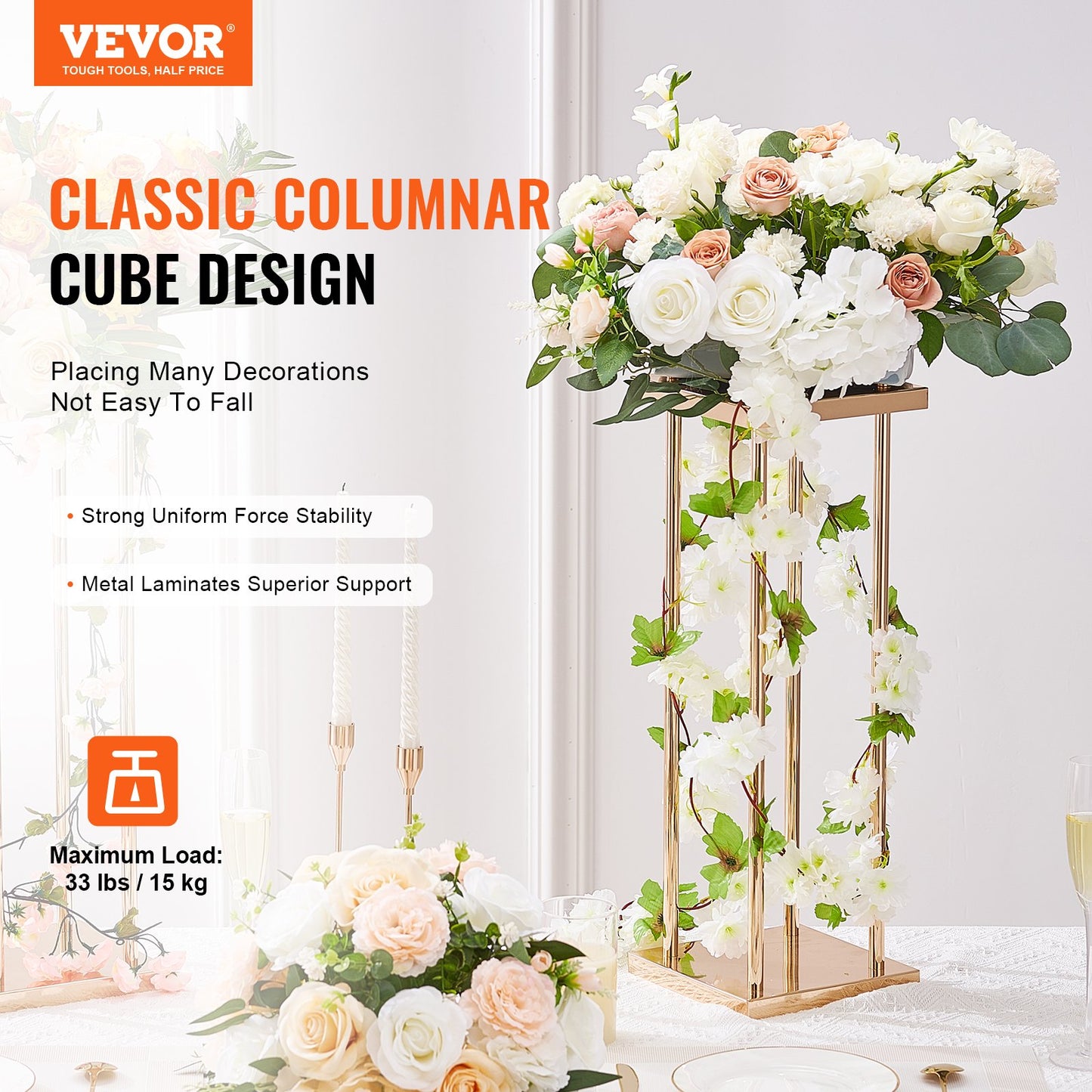 4ST Guldmetallkolumn bröllopsblomsterställ, 23,6 tum/60 cm högt med metalllaminat, vass geometriska mittpunktsställ, cylindriskt blommigt displayställ för evenemangsmottagning, festvägledningar