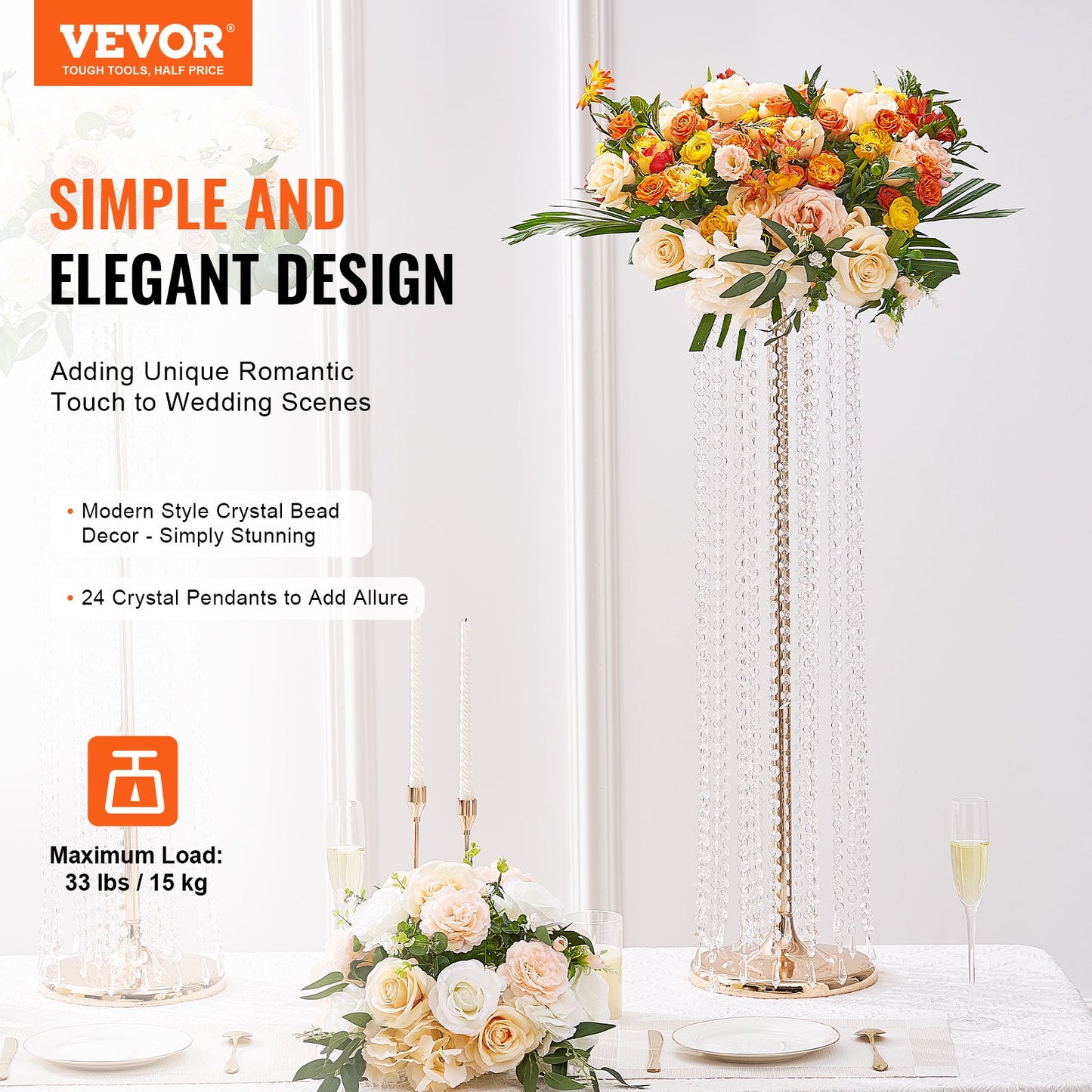 2PCS 35.43 inch/90 cm Tall Crystal Wedding Flower Stand, Luxury Centerpieces Flower Vases Crystal Gold Vase Metal, Perfect for T-Stage Wedding Party Ceremony Dinner Event Hotel Home Decor