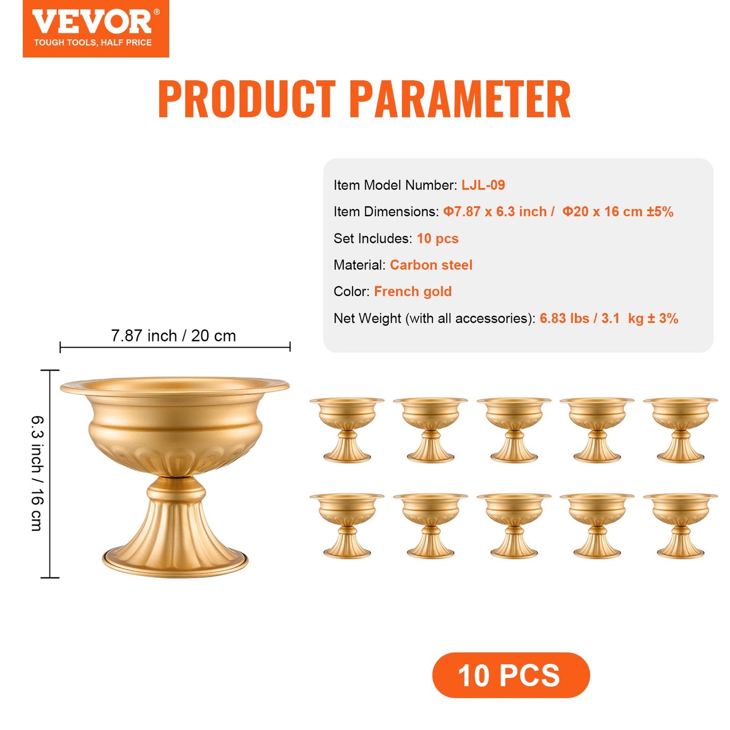10 STK 16cm/6.3” Bröllopsblommorvas Metall Guld Blomstativ för bord