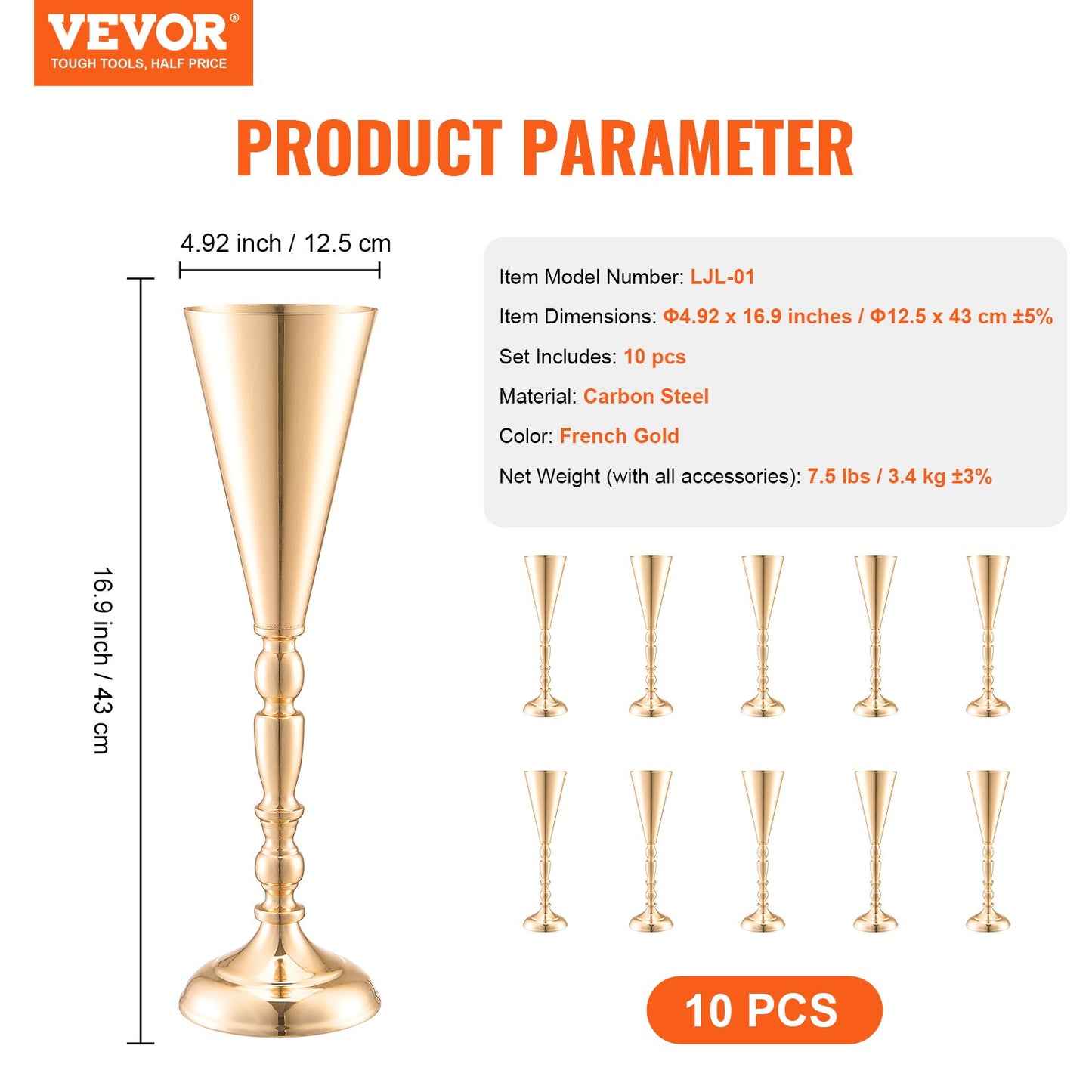 10 STK 43cm/16,9” hög bröllopsblommavas metall guldtrumpet för bord