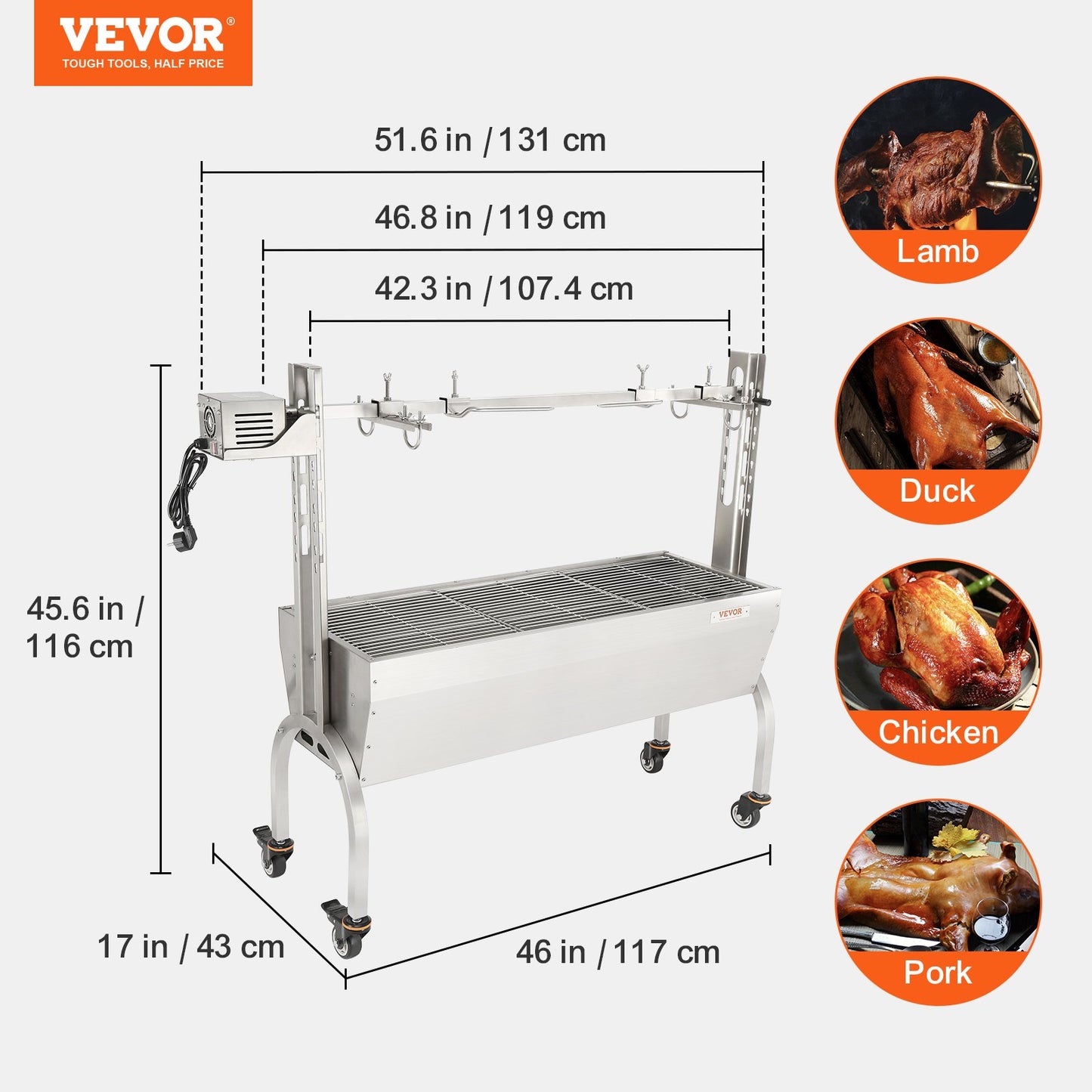 Roaster Spit Rotisserie BBQ Grill Hel Gris Lamm Kyckling Stek 50W 90LBS