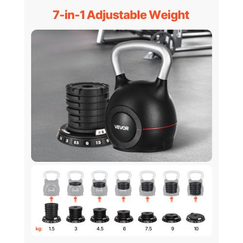 Justerbar Kettlebell med 7 viktnivåer 1,5/3/4,5/6/7,5/9/10 kg | EU