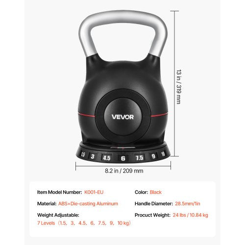 Justerbar Kettlebell med 7 viktnivåer 1,5/3/4,5/6/7,5/9/10 kg | EU