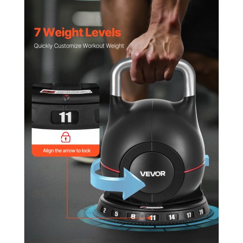 Justerbar Kettlebell med 7 viktnivåer 2/5/8/11/14/17/20 kg (Svart) | EU
