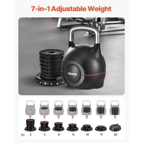 Justerbar Kettlebell med 7 viktnivåer 2/5/8/11/14/17/20 kg (Svart) | EU