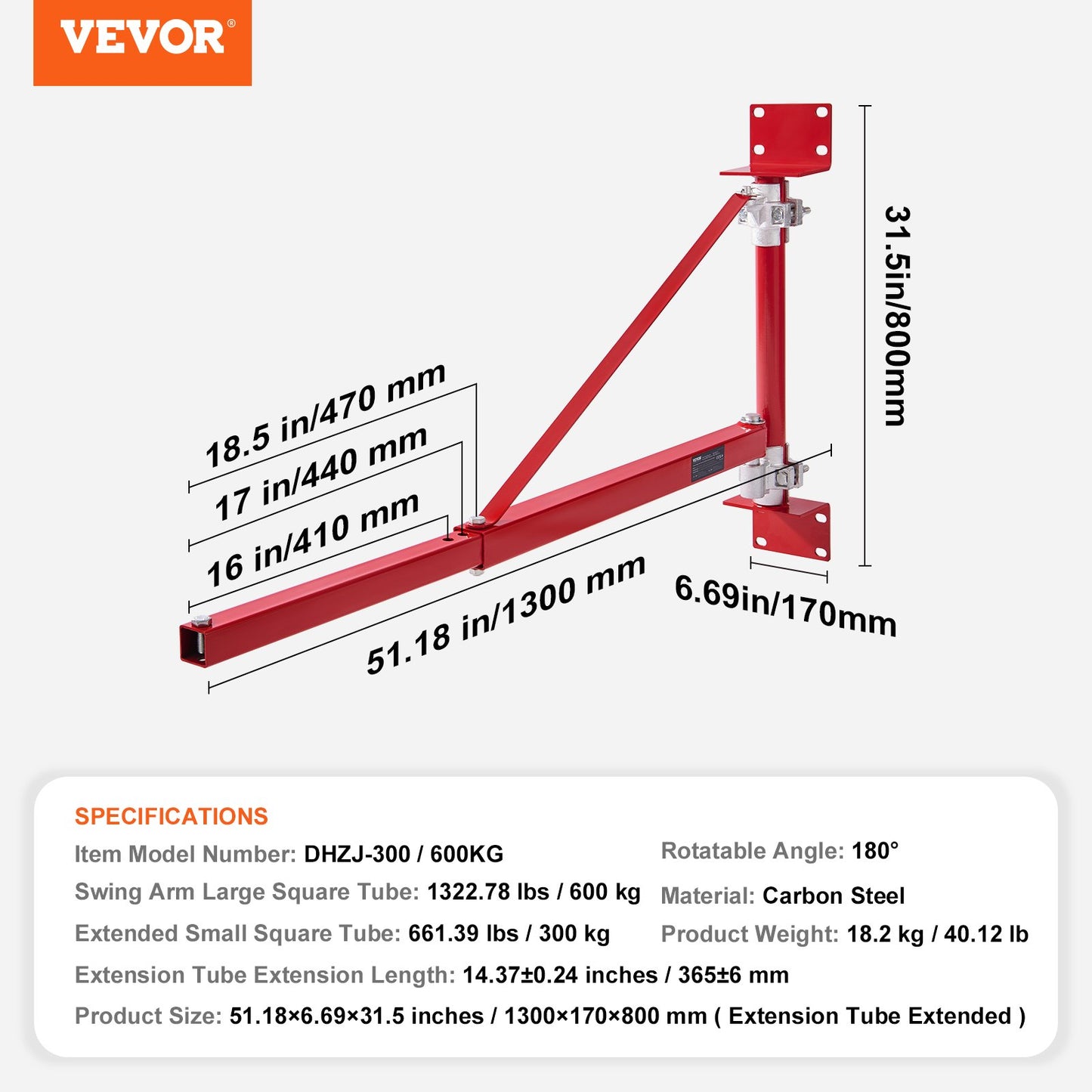Elektrischer Hebearm, 600 kg Max Tragkraft, Elektrische Hebevorrichtung Schwenkarm mit Säule, Stahl-Hubgerüst, 180° schwenkbarer Gerüsthebearm, Seilwinden-Hebearm für Werkstatt, Garage