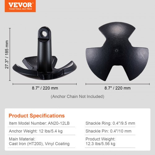 River Anchor 12 LBS Boat Anchor Cast Iron Black Vinyl Coated with Bracket | EU