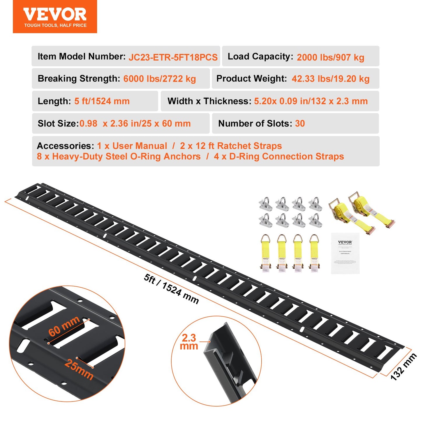 E Track Tie-Down Rail Kit, 18PCS 5' E-Tracks Set innehåller 4 stålskenor & 8 O-ringsankare & 4 fästanordningar med D-ring & 2 spärrband, Säkringstillbehör för lastmotorcyklar, 2000 lbs