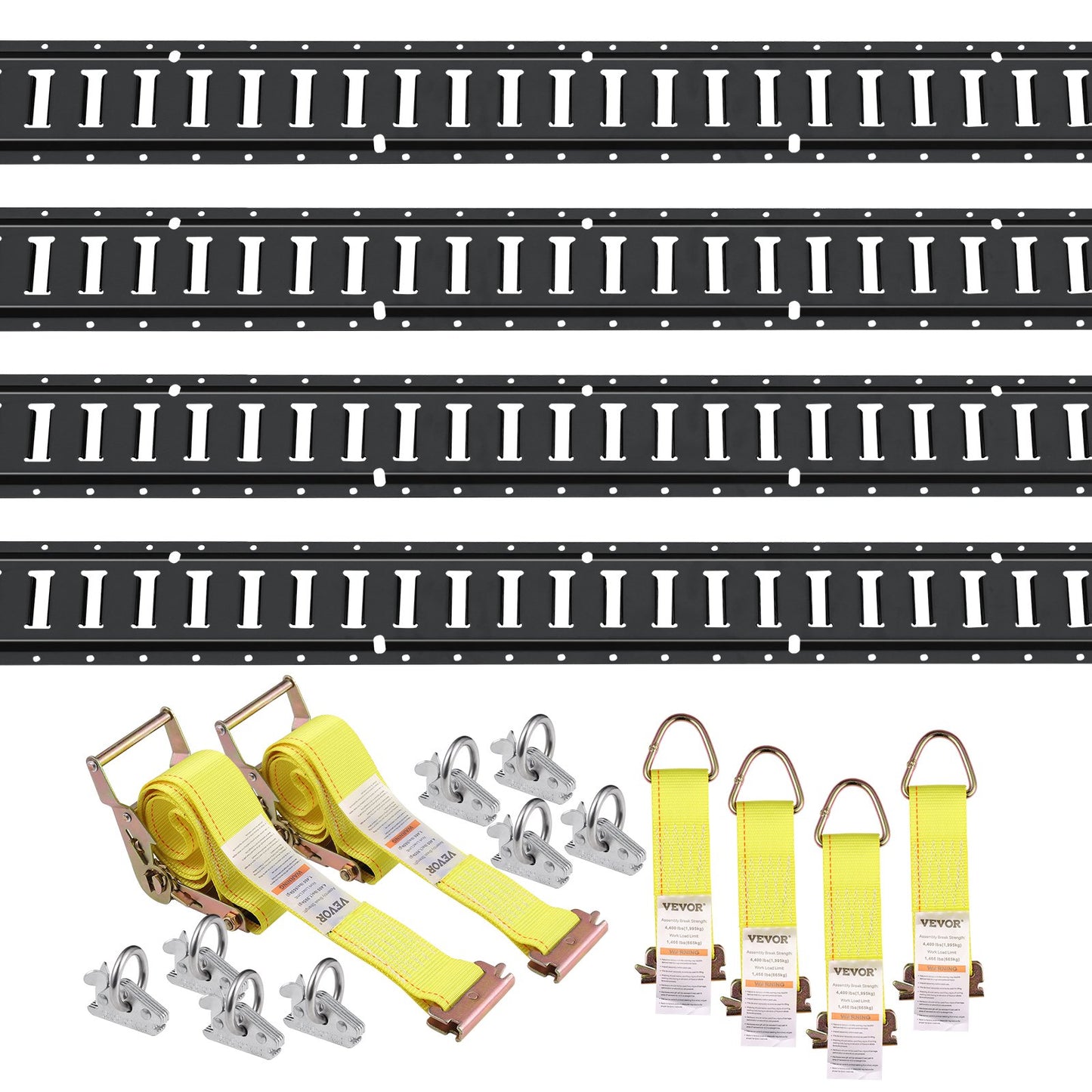 E Track Tie-Down Rail Kit, 18PCS 5' E-Tracks Set innehåller 4 stålskenor & 8 O-ringsankare & 4 fästanordningar med D-ring & 2 spärrband, Säkringstillbehör för lastmotorcyklar, 2000 lbs