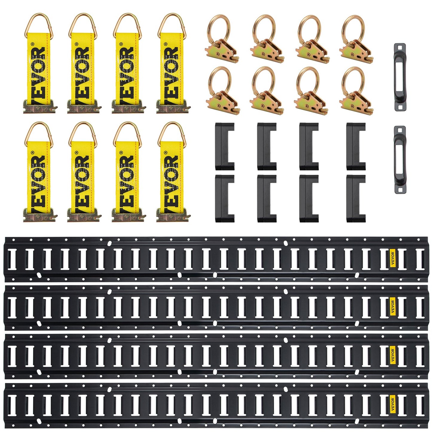 E Track Tie-Down Rail Kit, 30PCS 5FT E-Track Set includes 4 Steel Rails & 2 Single Tracks & 8 O-Rings & 8 Fasteners with D-Ring & 8 End Caps, Securing Accessories for Cargo, Motorcycles and Bicycles