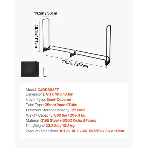 Vedställ med vattentätt lock, 2,57 m vedhållare för utomhusbruk, metallvedhållare med 1/2 snöre, maxvikt 299 kg, topplock, pulverlackerat vedställ för öppen spis | EU