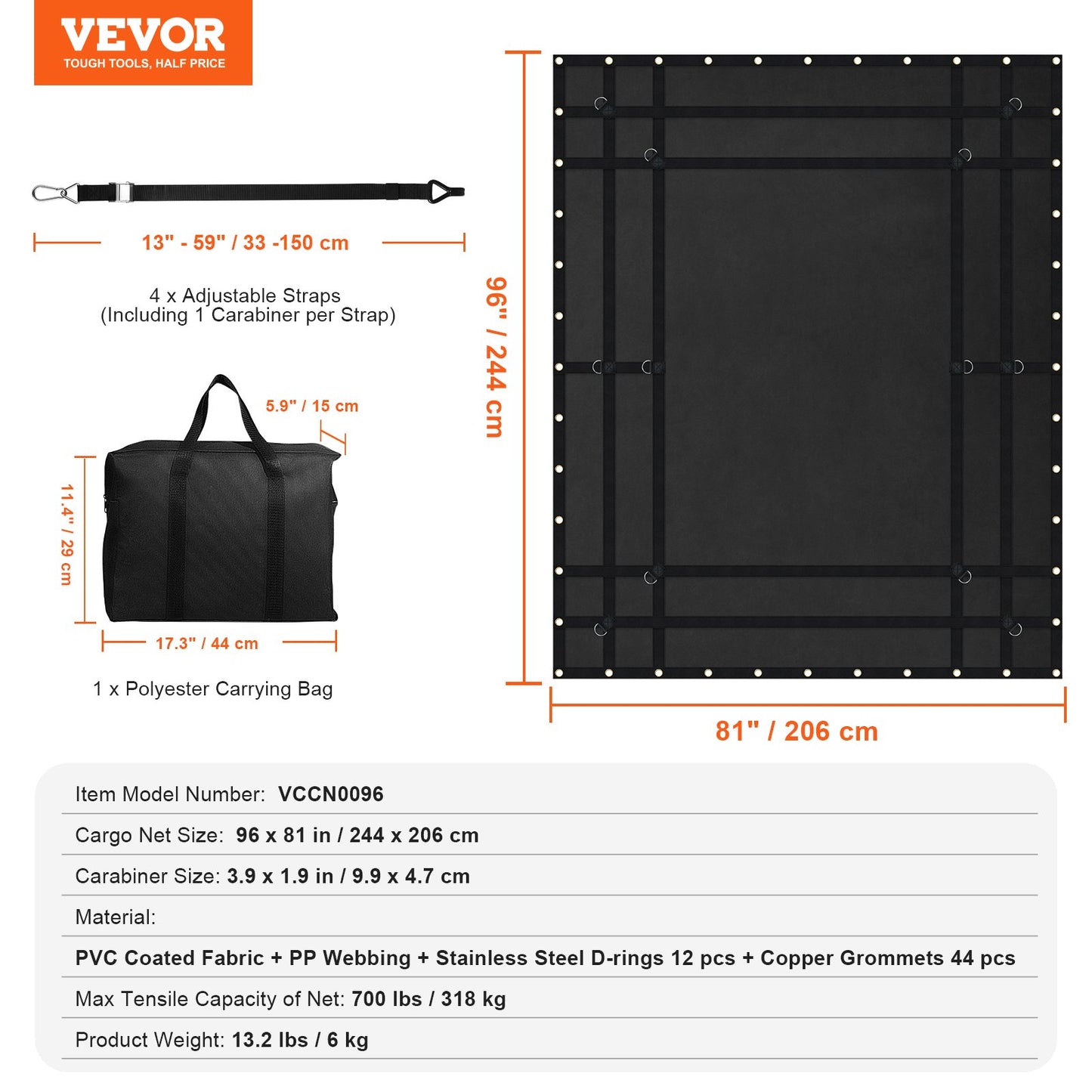 Cargo Net Heavy Duty Cargo Net 96" x 81" Adjustable Buckles and S-Hooks