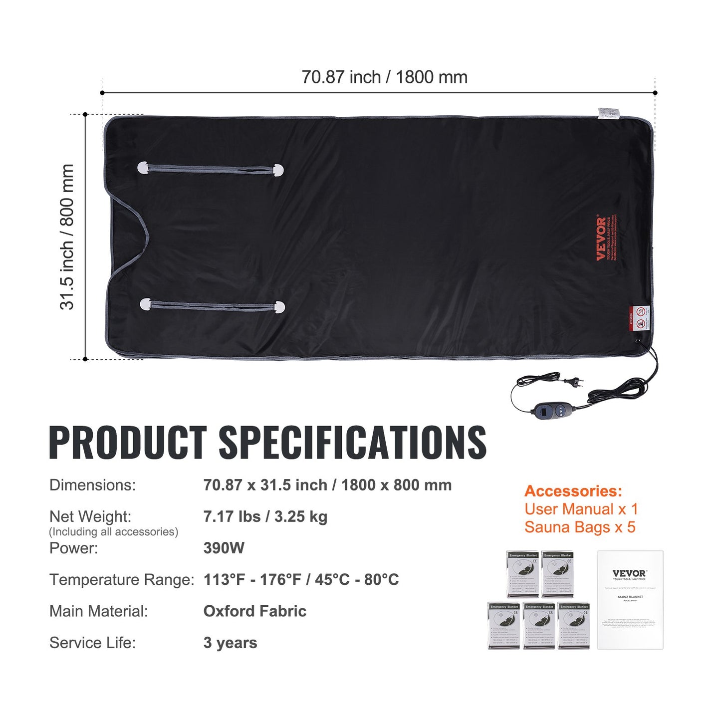 Sauna Blanket Far Infrared Heating with Armhole for Detox Oxford 71x31in