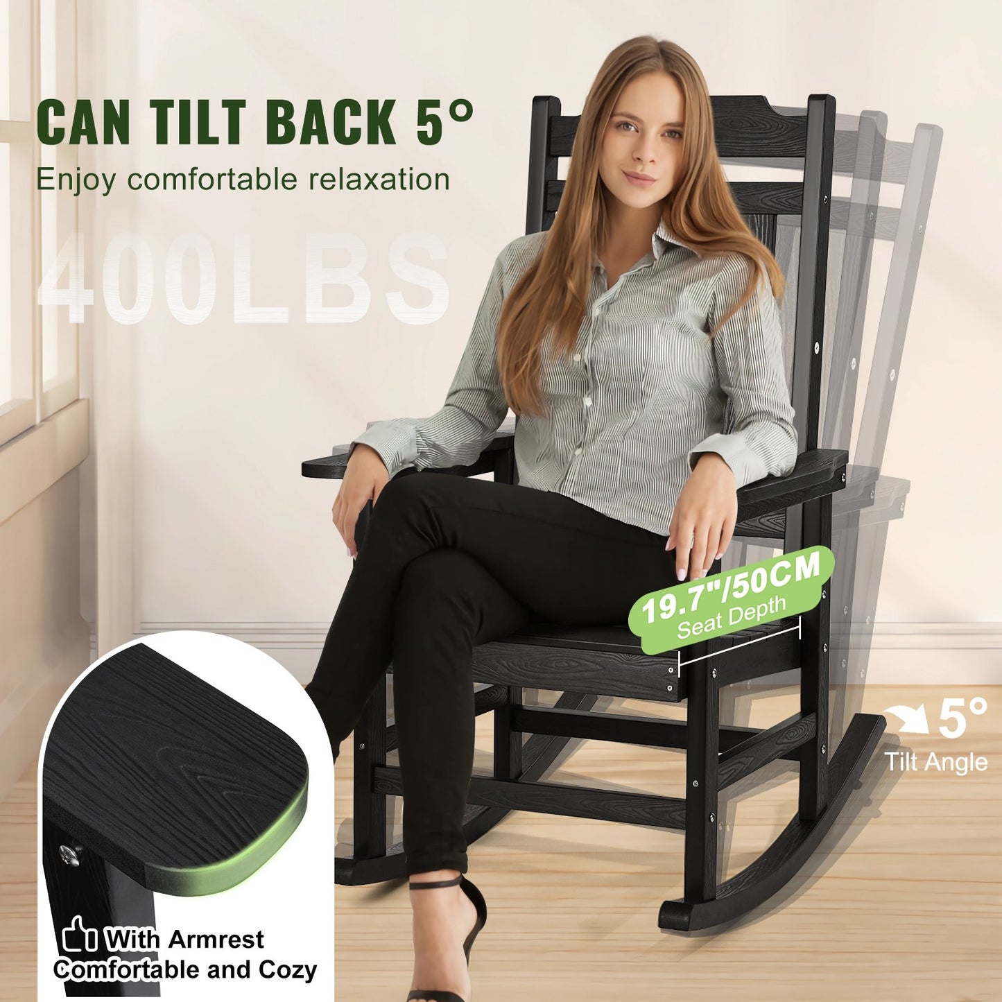 Porch Rocker HIPS Outdoor Rocking Chair High Back 1 pc 400 lbs Weight