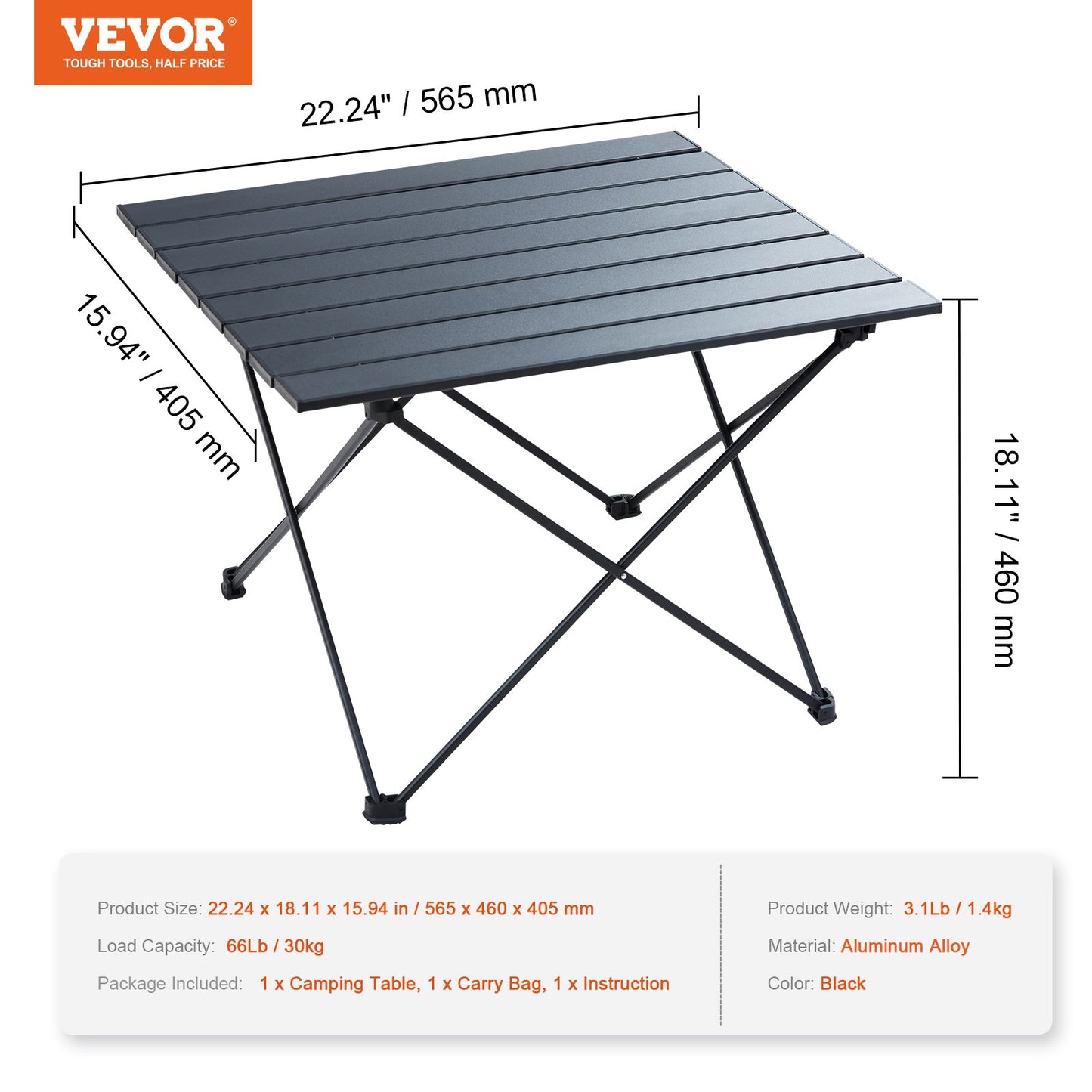 Klappbarer Campingtisch, tragbarer Beistelltisch für den Außenbereich, leichter Klapptisch, ultrakompakter Arbeitstisch aus Aluminiumlegierung mit Tragetasche, zum Kochen, Strand, Picknick, Reisen, 22,2 x 15,9 Zoll, Schwarz