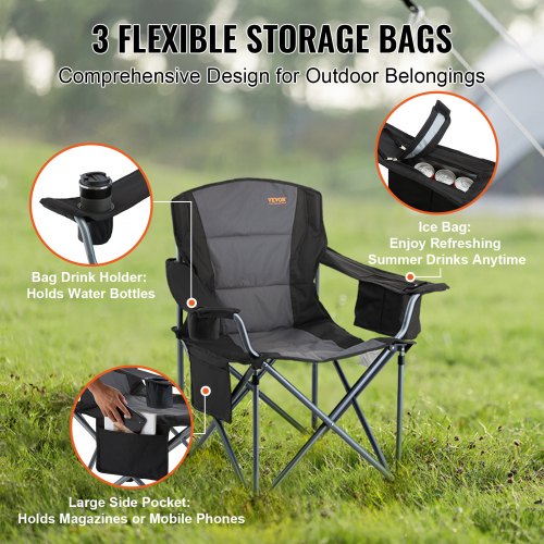 Camping hopfällbar stol för vuxna, bärbar Heavy Duty Outdoor Quad Kuddfodrade fåtöljer med sidofickor, mugghållare och kylväska för strand, gräsmatta, picknick, fiske, backpacking, svart | EU