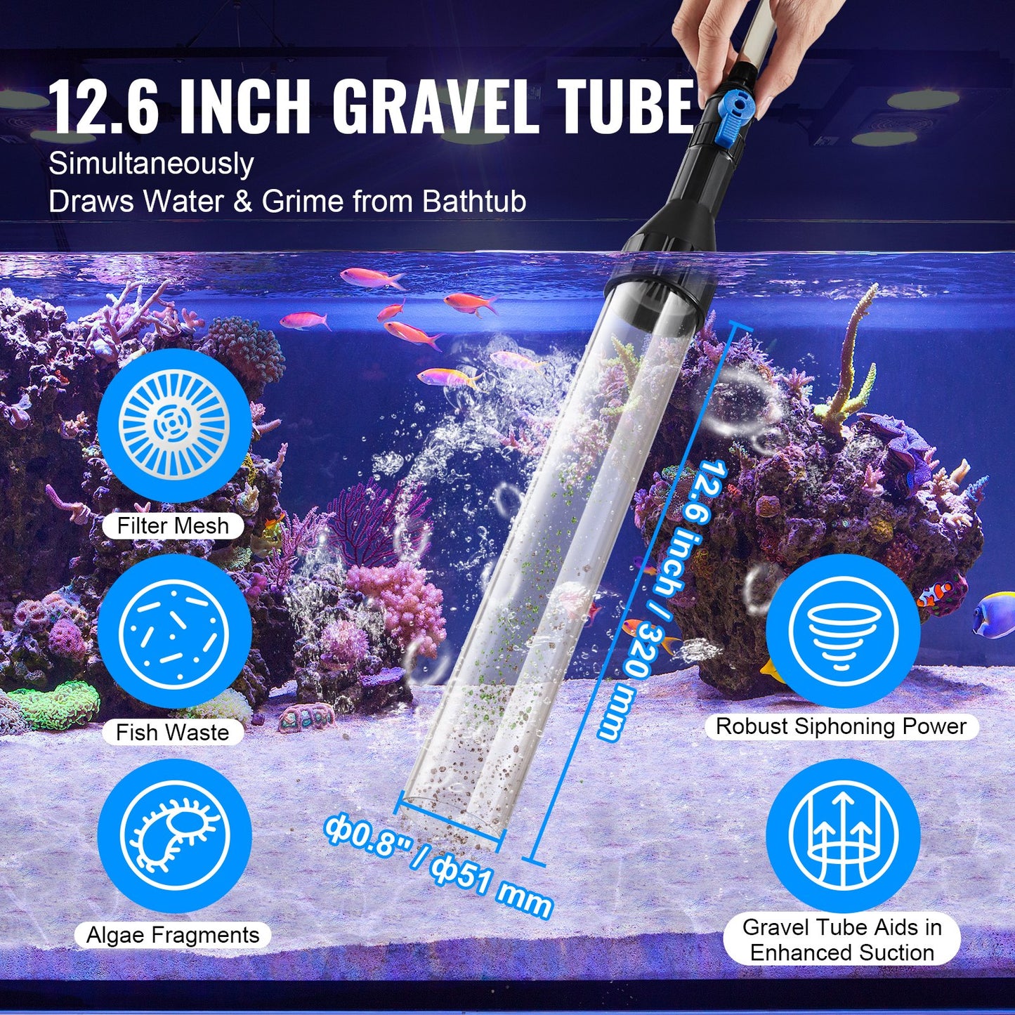 Aquarium-Staubsauger, 7,6 m PVC-Schlauch, Aquarium-Staubsauger, Kiessauger, Siphon-Staubsauger, 3 Arten von Messingadaptern, zum Reinigen von Kies und Sand