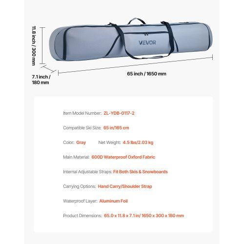 Snowboardväska, upp till 165 cm, vadderad skid- och snowboardväska för flygresor, 600D vattentät oxfordväv, med justerbara innerremmar, för skidstavar, skyddsglasögon, handskar, hjälm, stövlar (grå) | EU