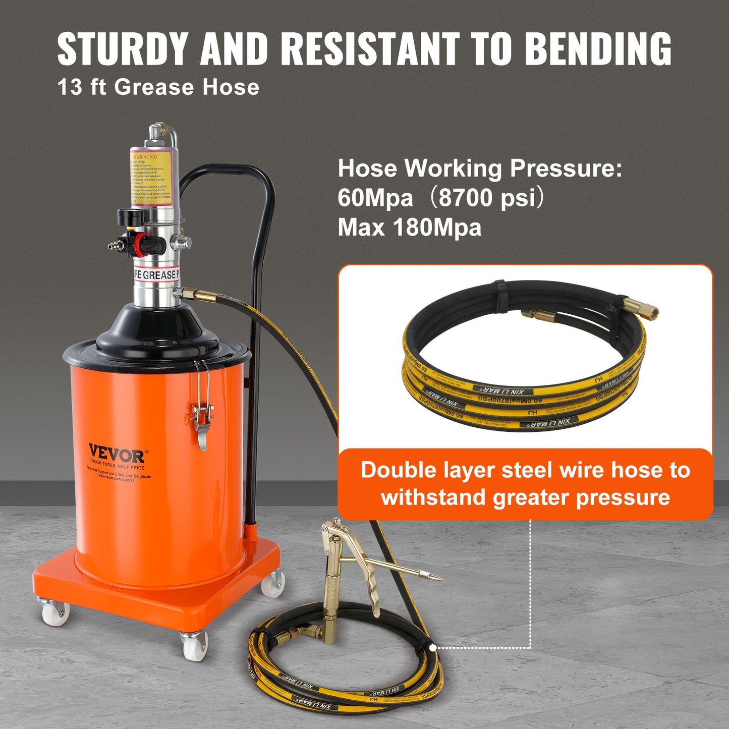 Fettpump, 5 gallon 20L, luftdriven fettpump med 13 fot högtrycksslang och fettspruta, pneumatisk smörjhinkpump med hjul, bärbar smörjfettspump 50:1 tryckförhållande